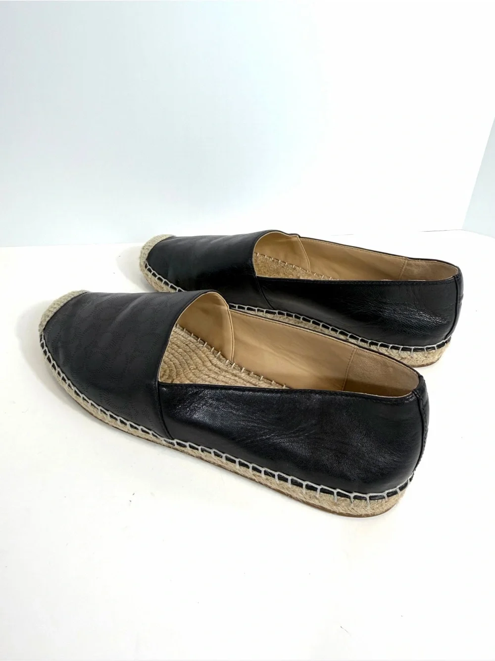 Coach Black Leather Signature Monogram Perforated Espadrille Flats Size 9